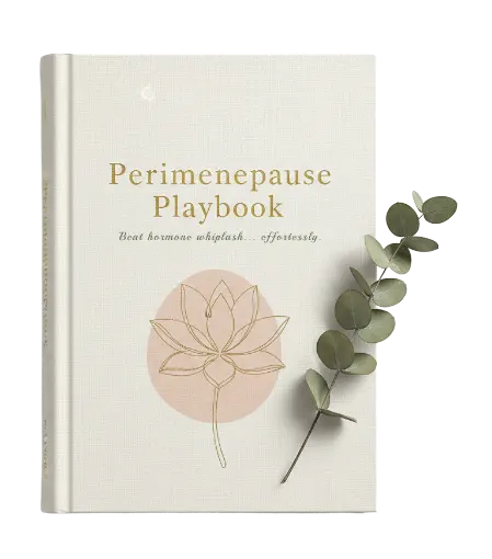 Photo of the perimenopause playbook ("Peri Playbook") by Amber Dara, pictured next to a leaf, no shadow.