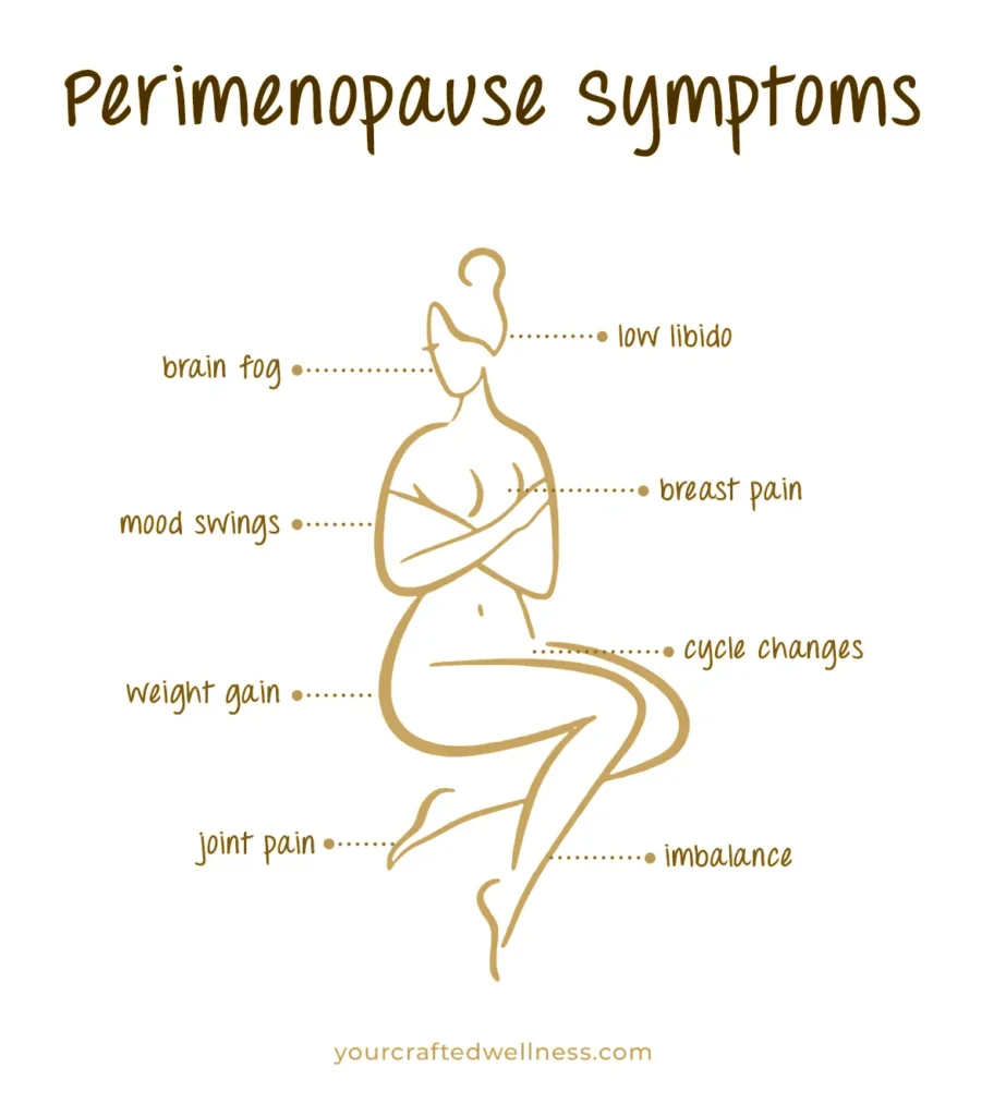 Line drawing of a woman covering her curves, with various Perimenopause Symptoms labeled nearby such as brain fog, low libido, cycle changes, etc. (golden color)